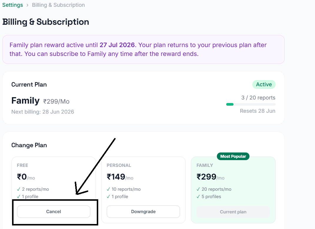 Cancelling a subscription from the ReportSense Billing screen