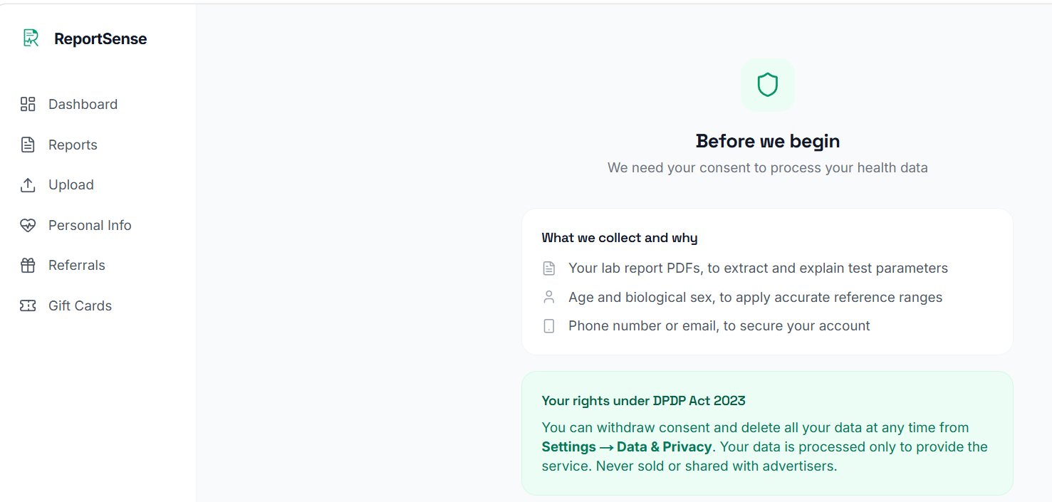 The DPDP consent screen ReportSense shows before your first upload