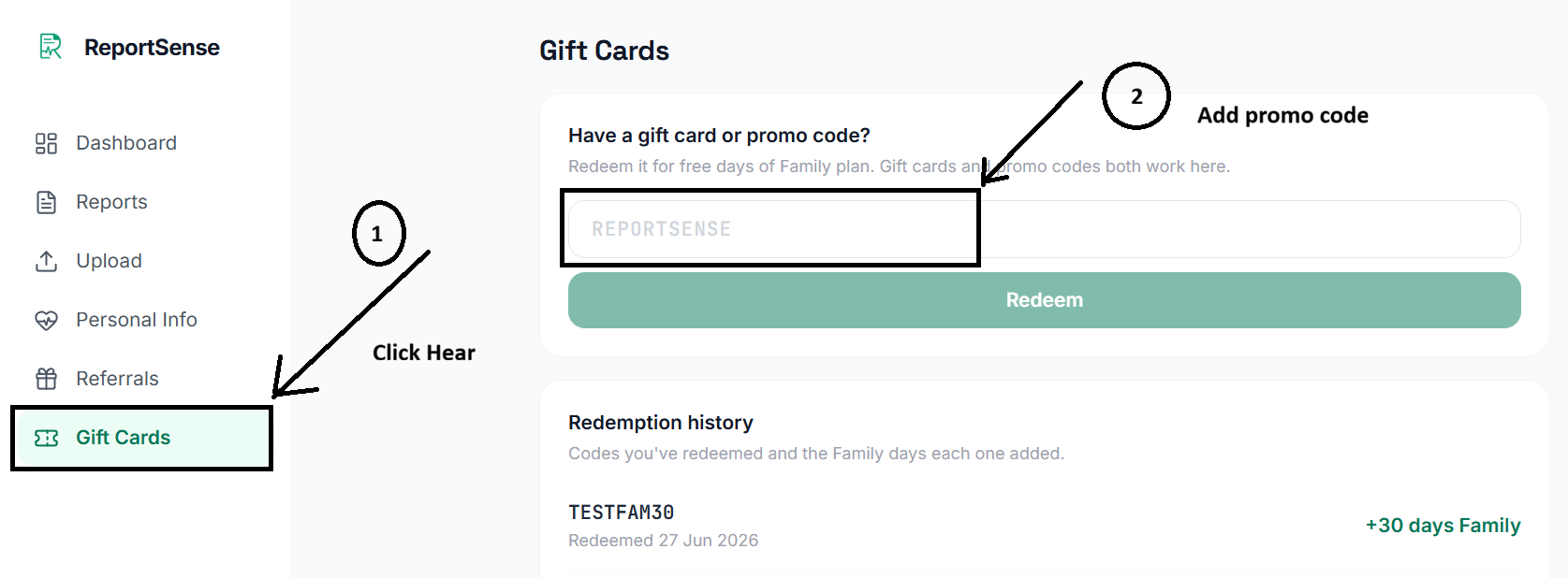 Redeeming a gift card or coupon code in ReportSense