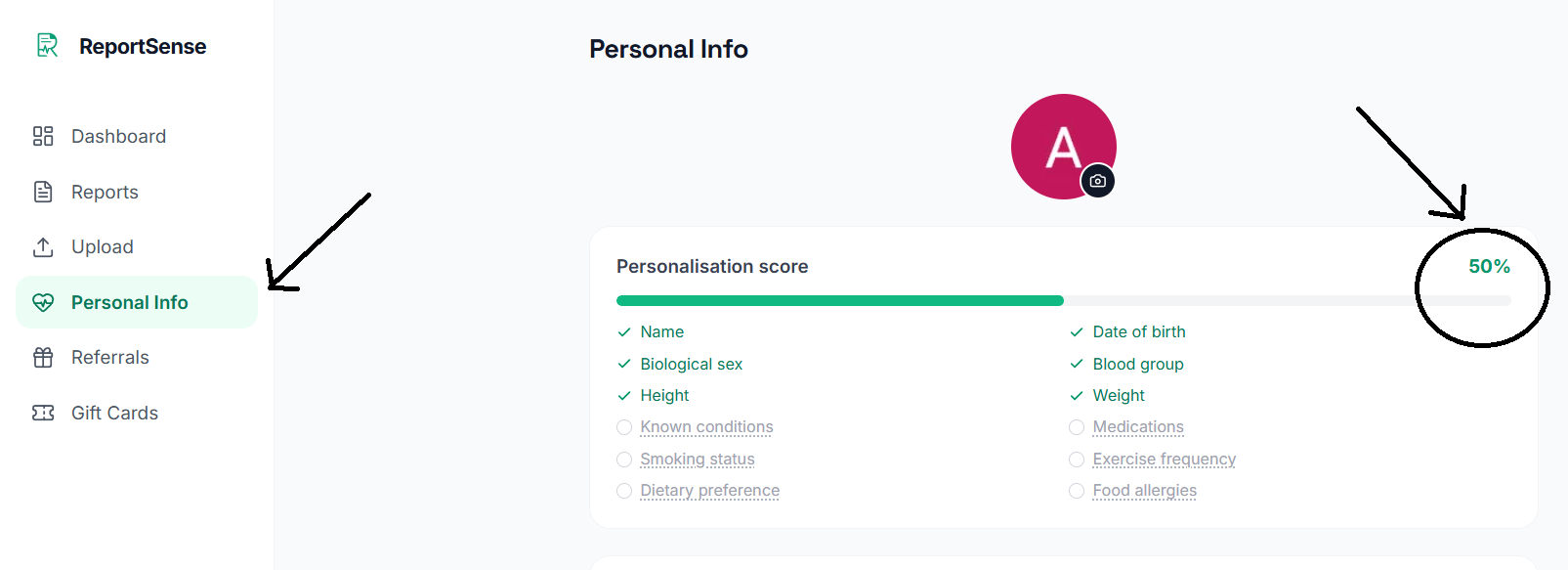 The personalisation score on the ReportSense Personal Info screen