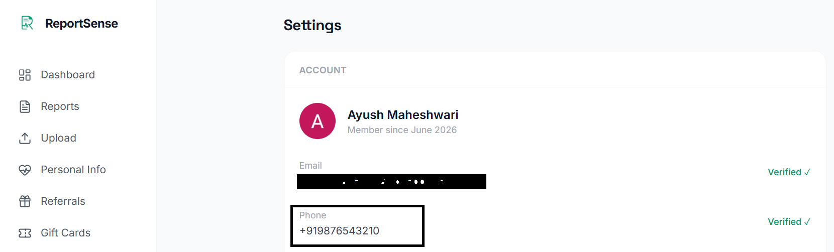 Verifying your phone number with an OTP on the ReportSense Settings screen