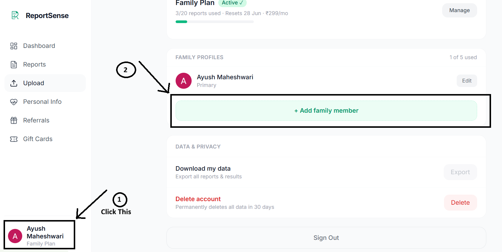 Adding a family member profile in ReportSense