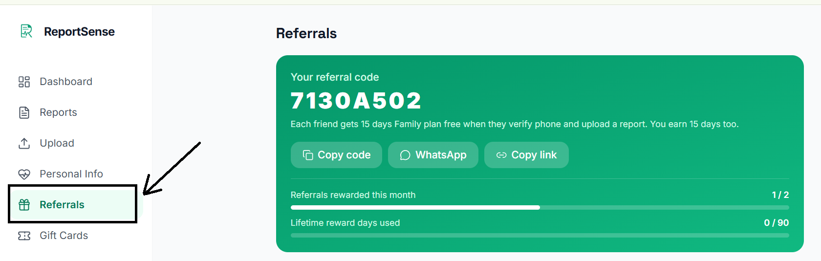 Sharing your ReportSense referral code on WhatsApp