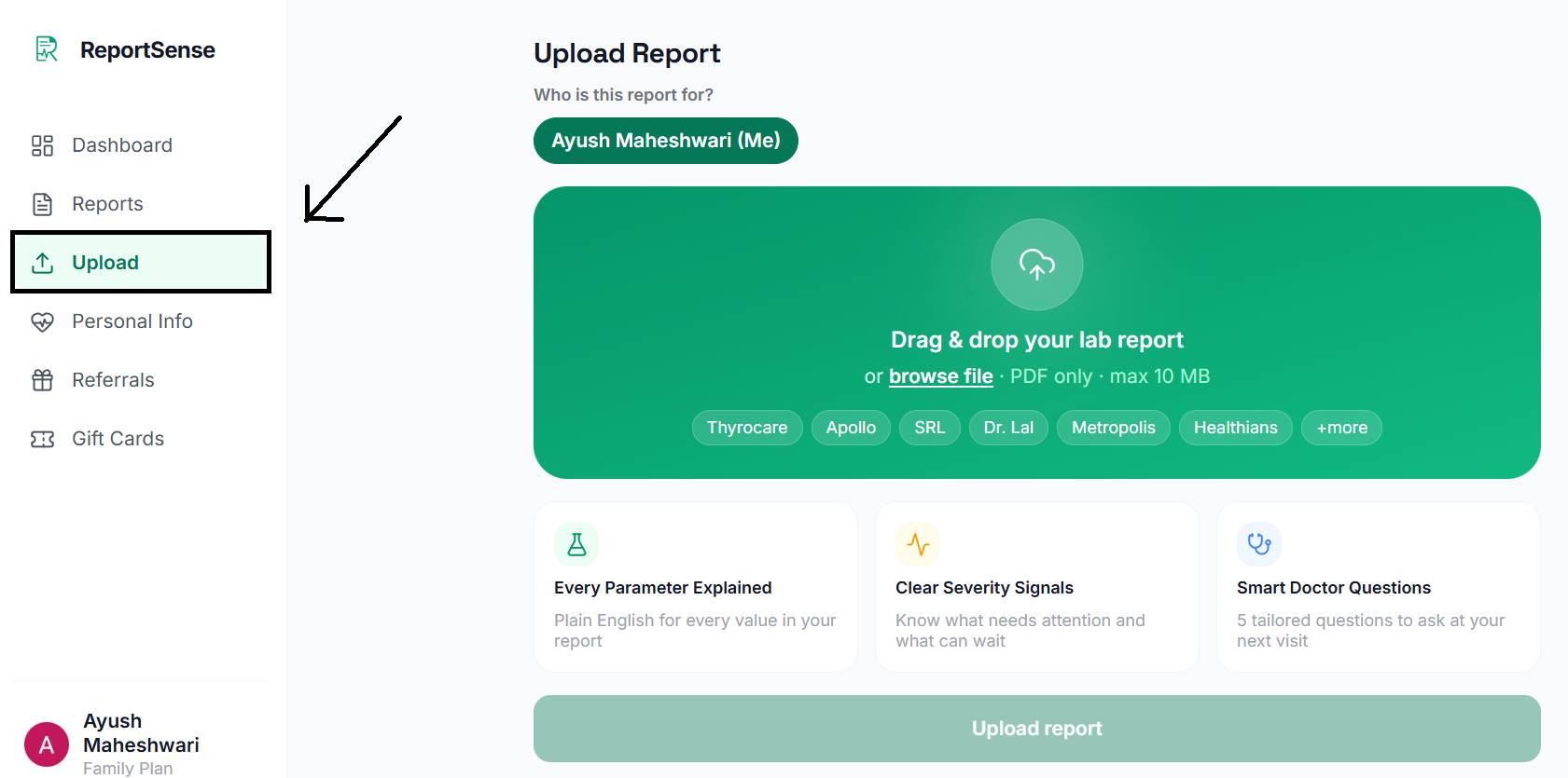 Uploading a lab report PDF in ReportSense, with a profile picker and file selector